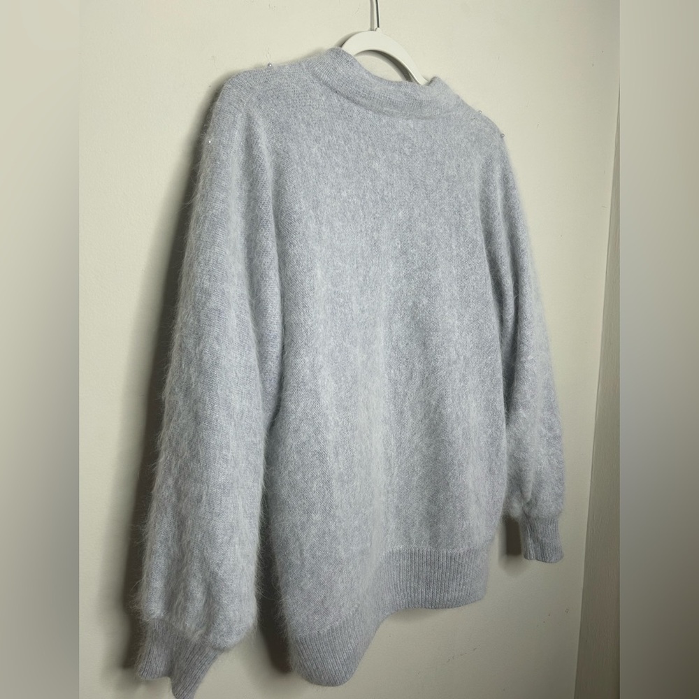 Vintage Pastel Blue Angora Rabbit Hair Lamb Wool Pearl Beaded Cardigan Sweater L - Picture 6 of 10